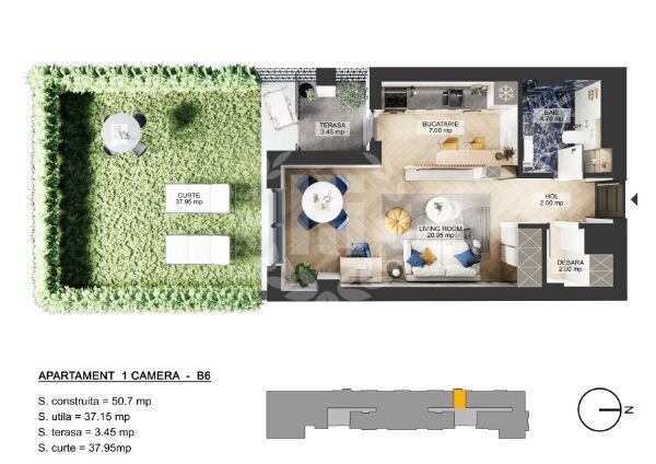 Nord, apartament 1 camera, 43.09 mp utili si curte.