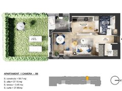 Nord, apartament 1 camera, 43.09 mp utili si curte